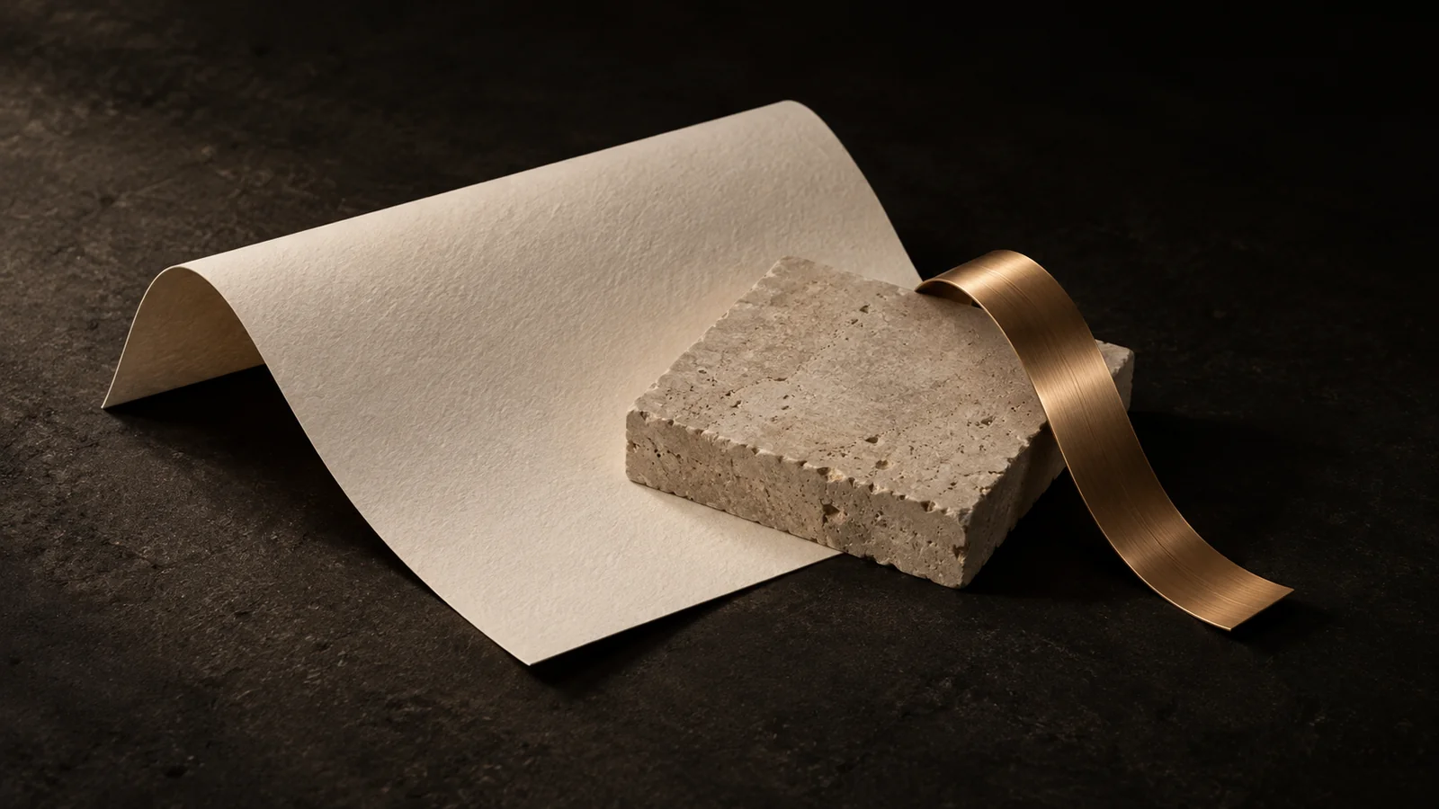 A material study of folded bone-coloured paper, Portuguese limestone and a curled strip of brushed bronze