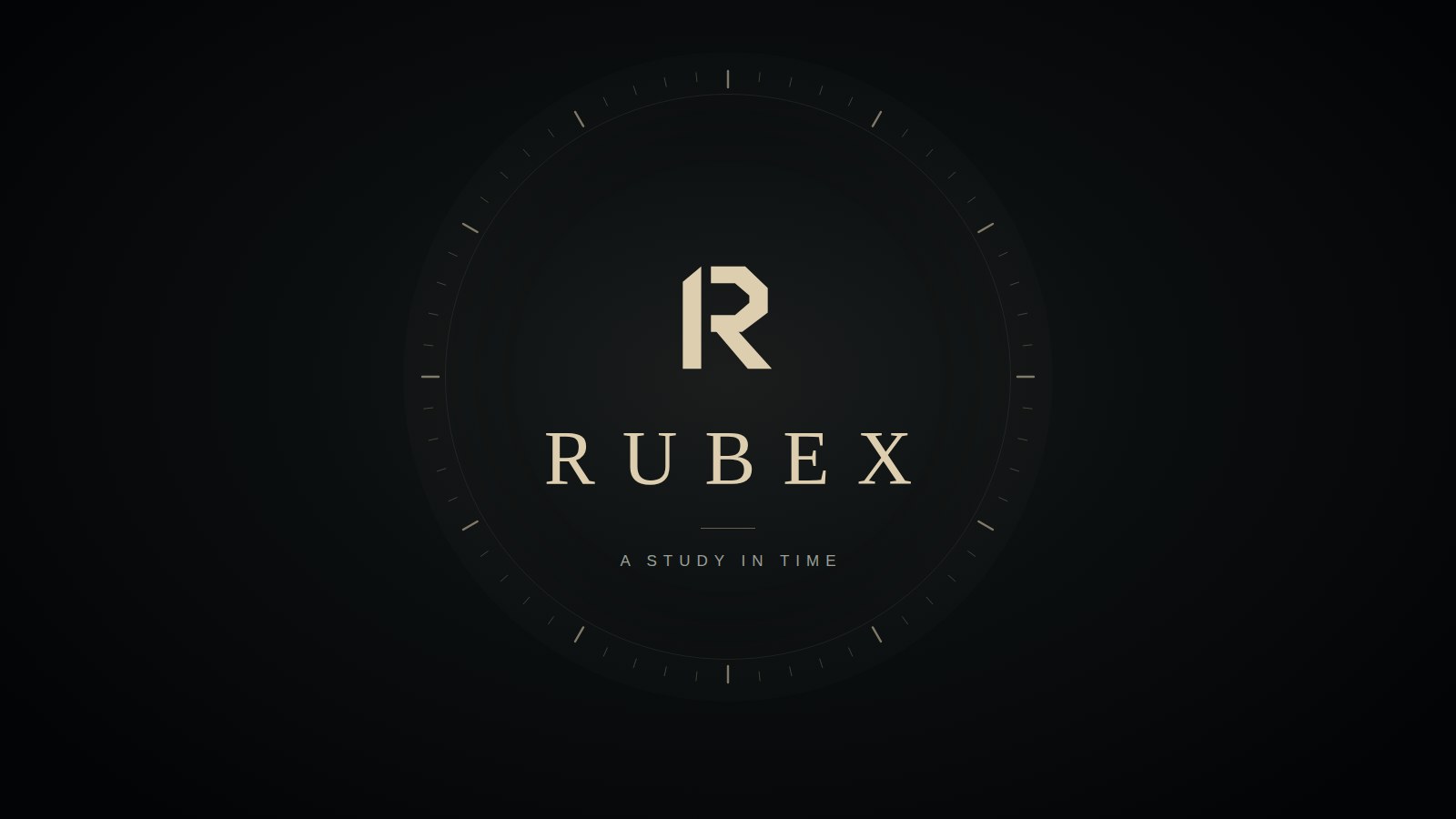 Rubex emblem and wordmark centred on a dark dial with champagne hour markers