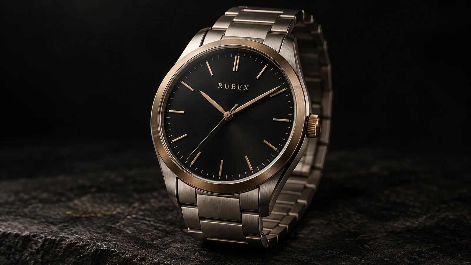 Rubex concept watch with a black dial, champagne hour markers and a brushed metal bracelet in warm studio light
